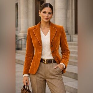 Tara Jarmon Paris Structured Tailored Velvet Blazer in Burnt Orange